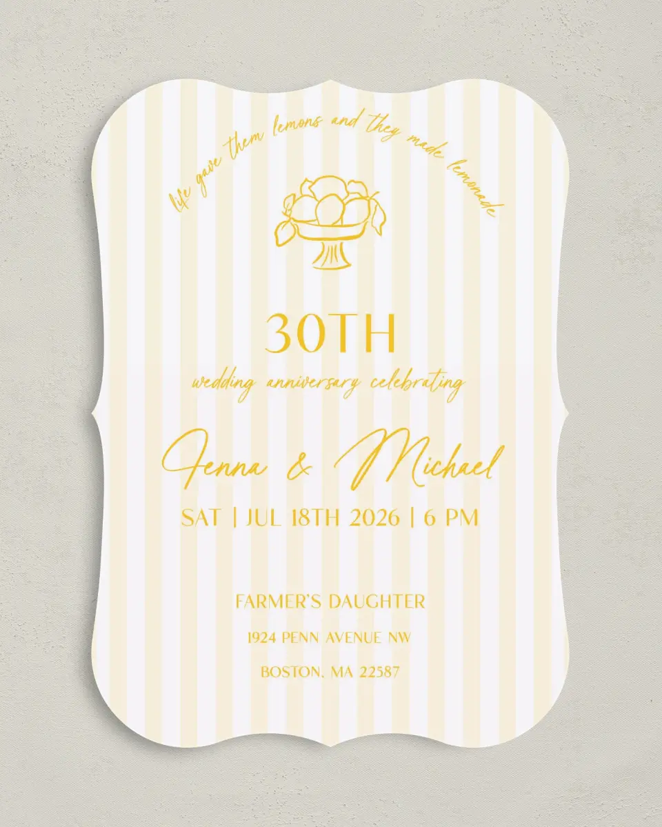 This is a 5" x 7" Anniversary Invitation called Life Lemons printed in full color on Premium Smooth paper