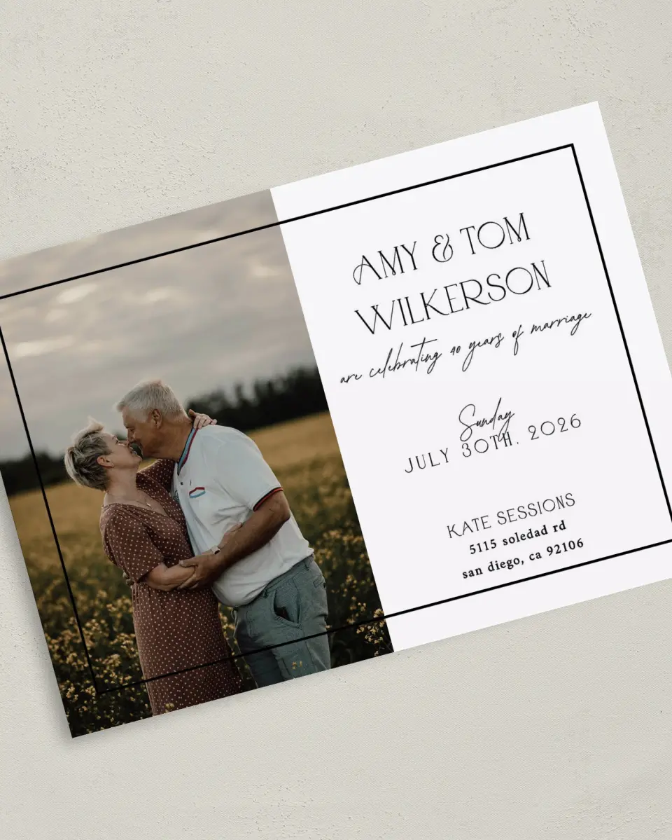 This is a 5" x 7" Anniversary Invitation called Smiles & Sunshine printed in full color with Silver foil on Luxe Satin (coated) paper