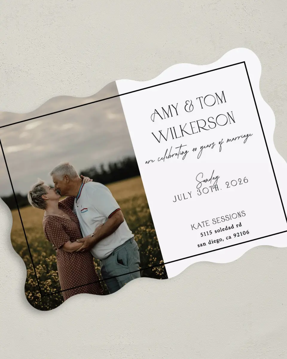 This is a 5" x 7" Anniversary Invitation called Smiles & Sunshine printed in full color with Silver foil on Luxe Satin (coated) paper