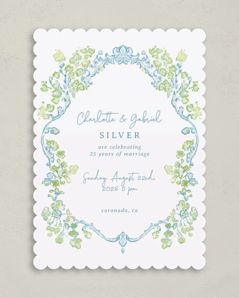 This is a 5" x 7" Anniversary Invitation called Heartful Hydrangea printed in full color on Premium Smooth paper