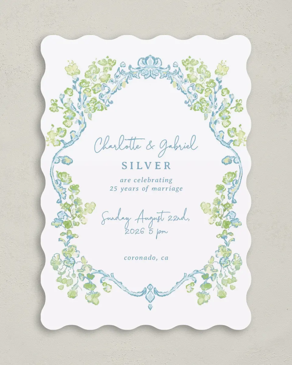 This is a 5" x 7" Anniversary Invitation called Heartful Hydrangea printed in full color on Premium Smooth paper