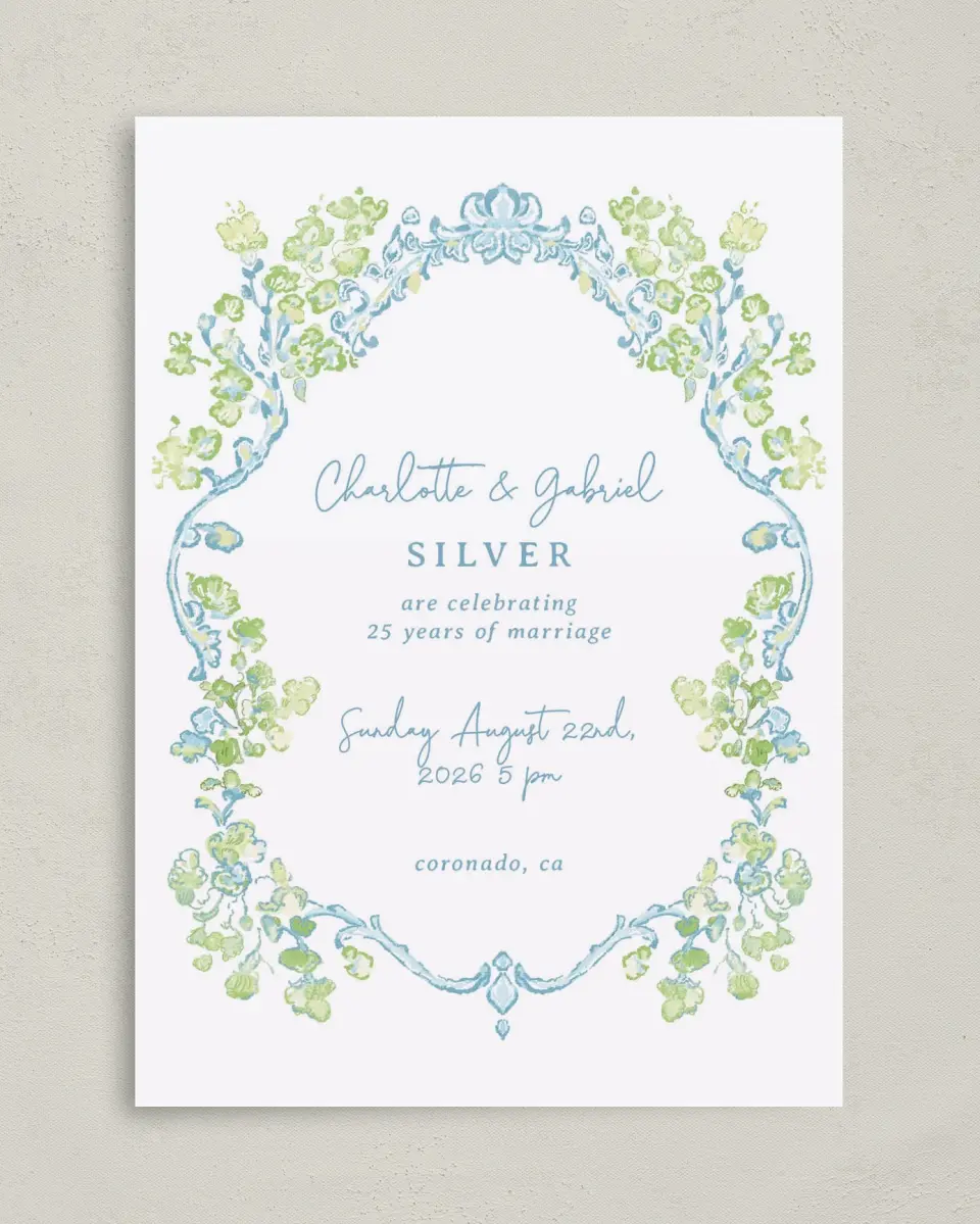 This is a 5" x 7" Anniversary Invitation called Heartful Hydrangea printed in full color on Premium Smooth paper