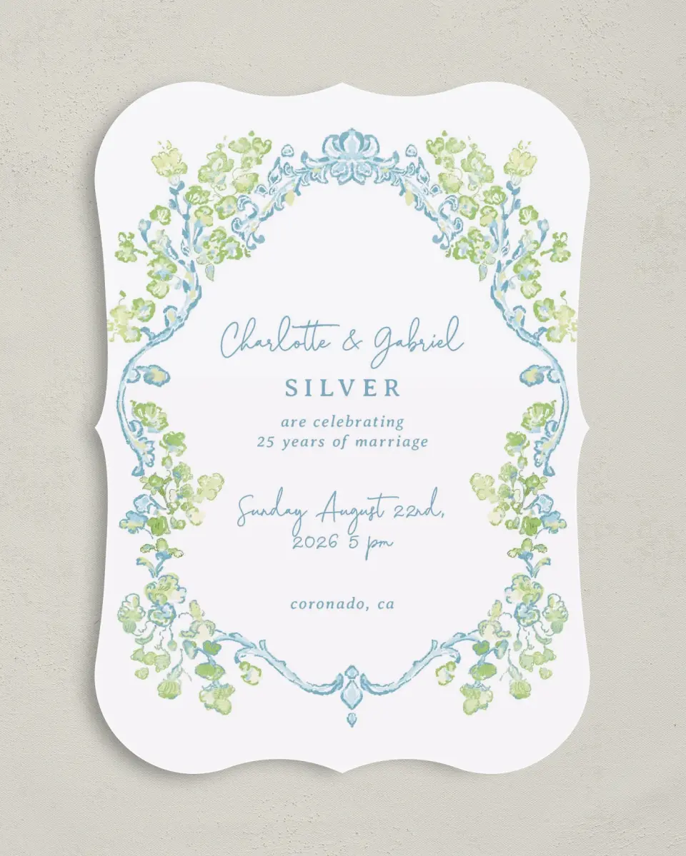 This is a 5" x 7" Anniversary Invitation called Heartful Hydrangea printed in full color on Premium Smooth paper