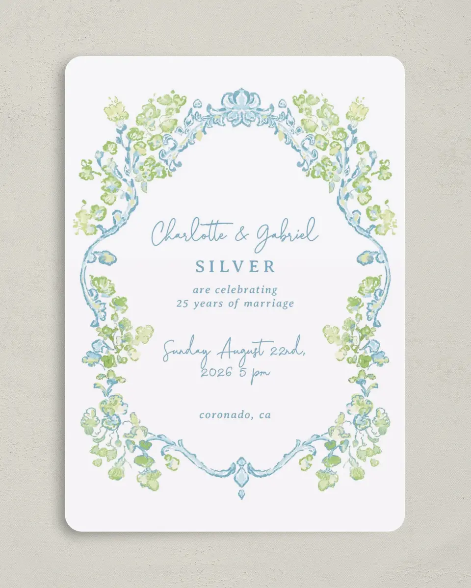 This is a 5" x 7" Anniversary Invitation called Heartful Hydrangea printed in full color with Silver foil on Luxe Satin (coated) paper