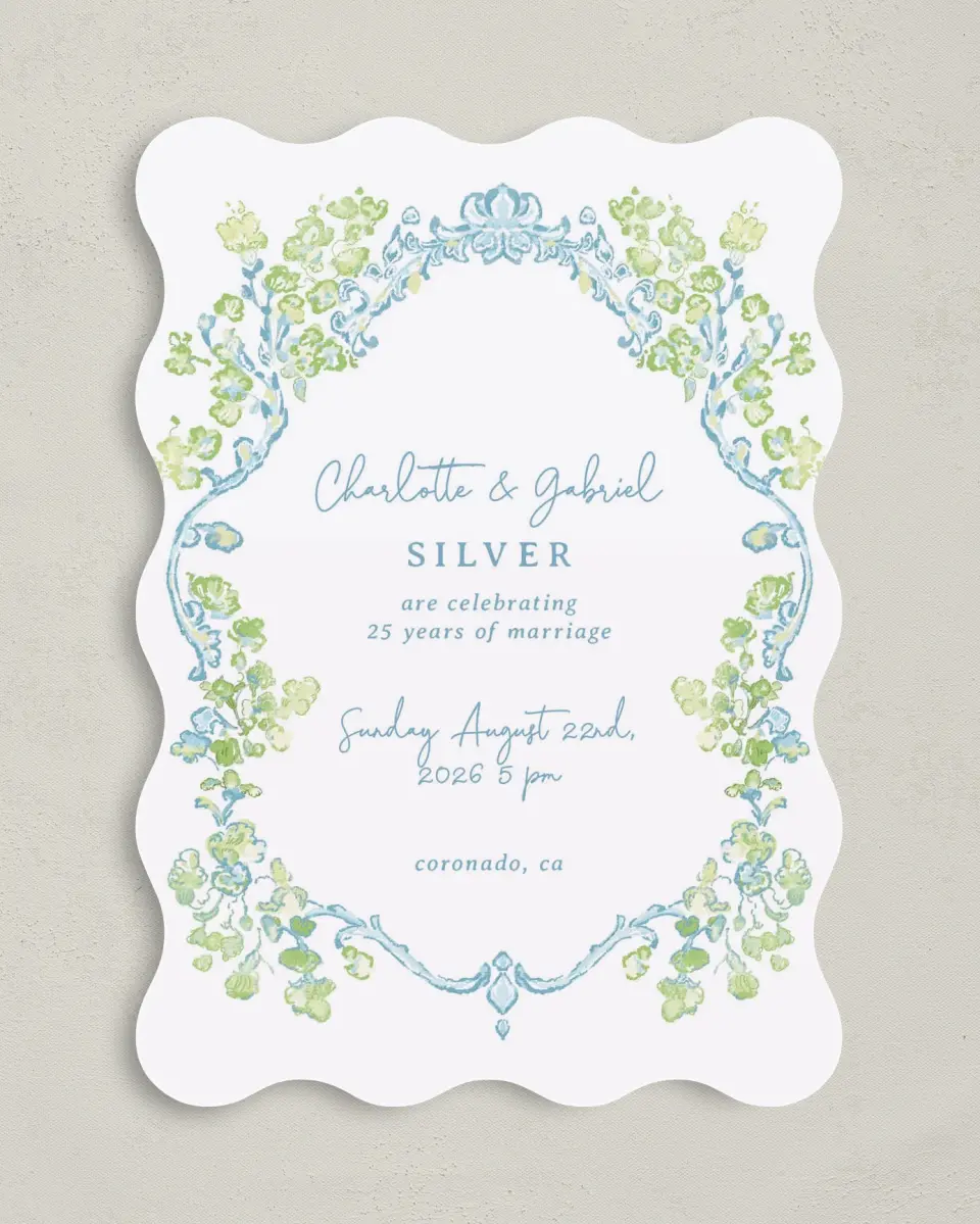 This is a 5" x 7" Anniversary Invitation called Heartful Hydrangea printed in full color on Premium Smooth paper