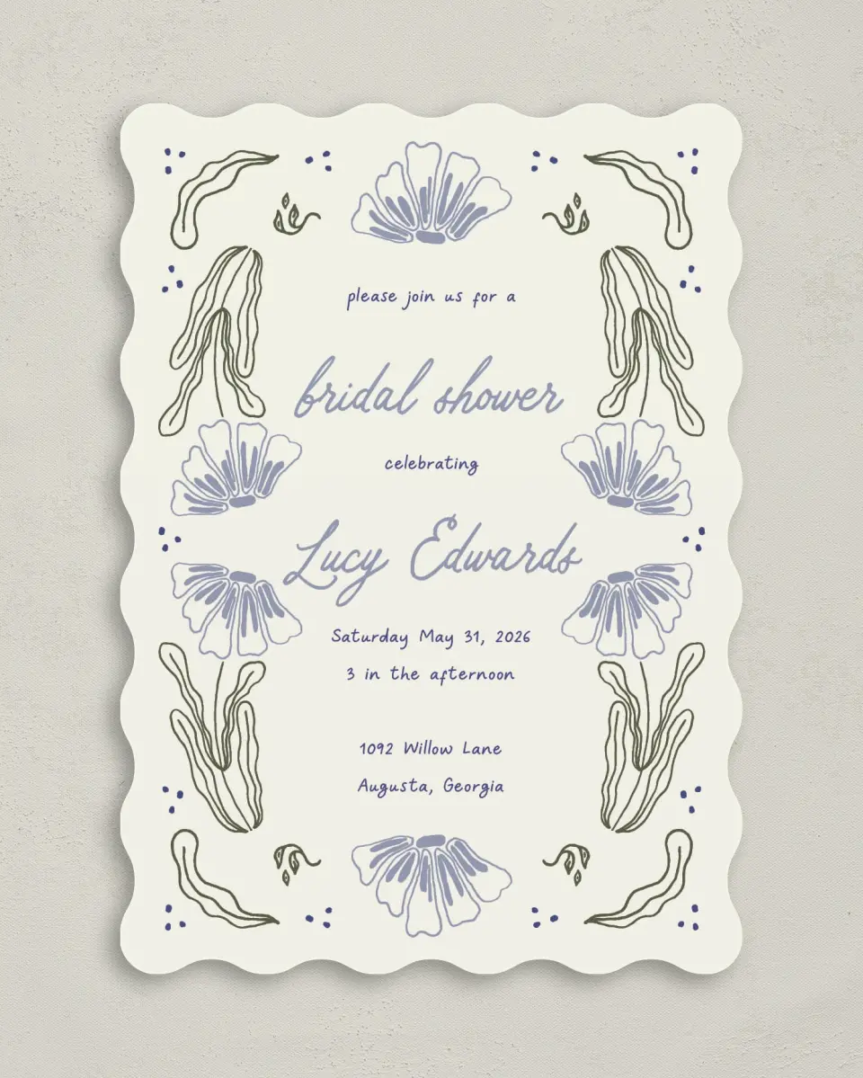 This is a 5" x 7" Bridal Shower Invitation called Love Grows Wild printed in full color with Rose Gold foil on Luxe Satin (coated) paper