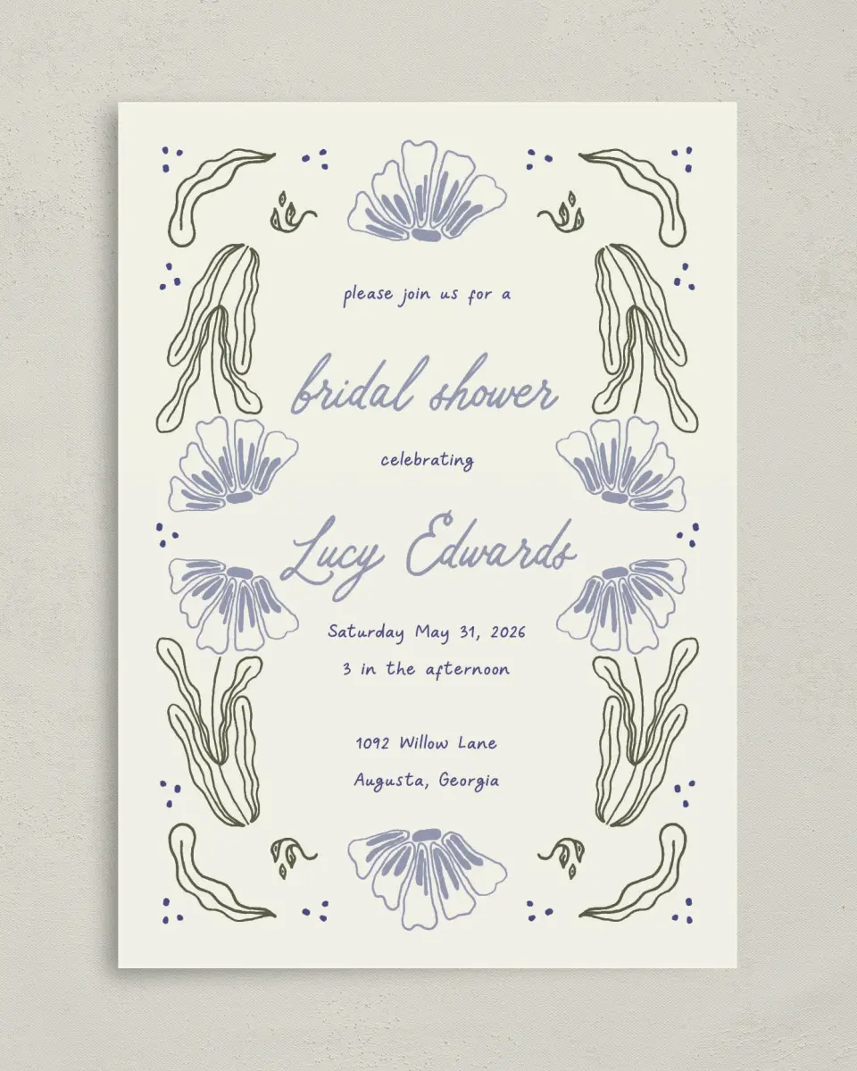 This is a 5" x 7" Bridal Shower Invitation called Love Grows Wild printed in full color with Silver foil on Luxe Satin (coated) paper