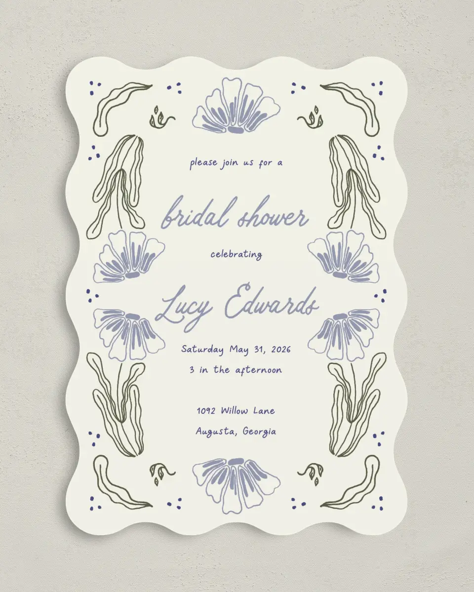 This is a 5" x 7" Bridal Shower Invitation called Love Grows Wild printed in full color with Gold foil on Luxe Satin (coated) paper