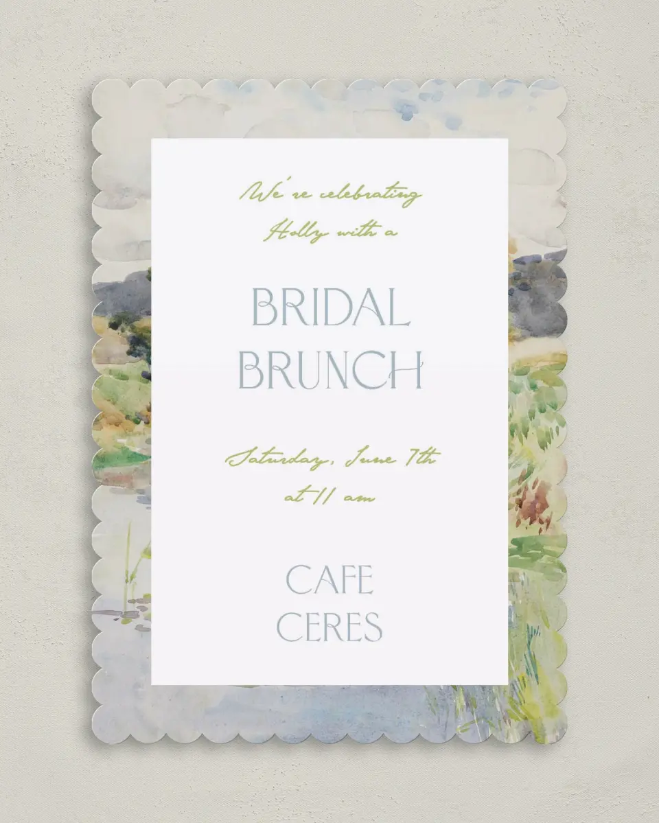 This is a 5" x 7" Bridal Shower Invitation called Wedded Bliss printed in full color with Rose Gold foil on Luxe Satin (coated) paper
