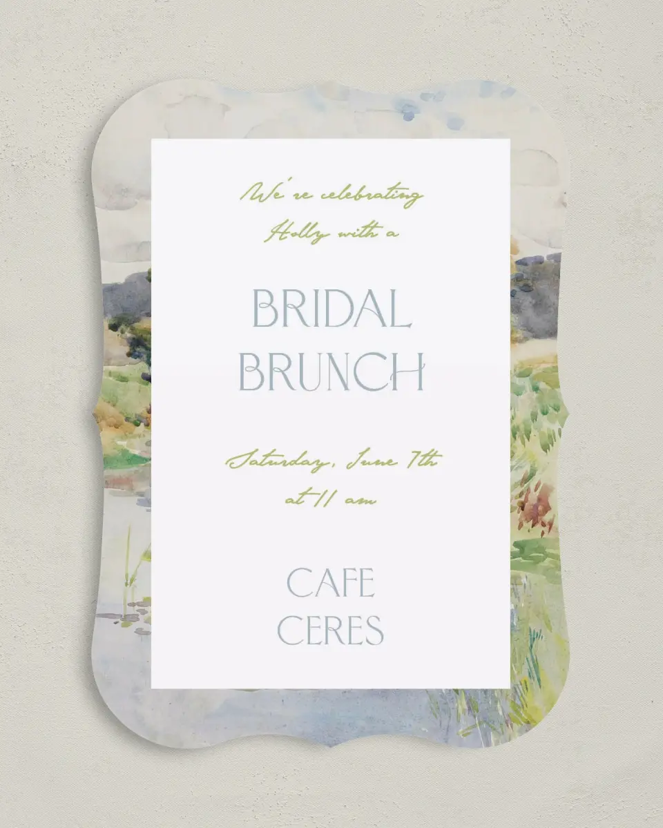 This is a 5" x 7" Bridal Shower Invitation called Wedded Bliss printed in full color with Silver foil on Luxe Satin (coated) paper