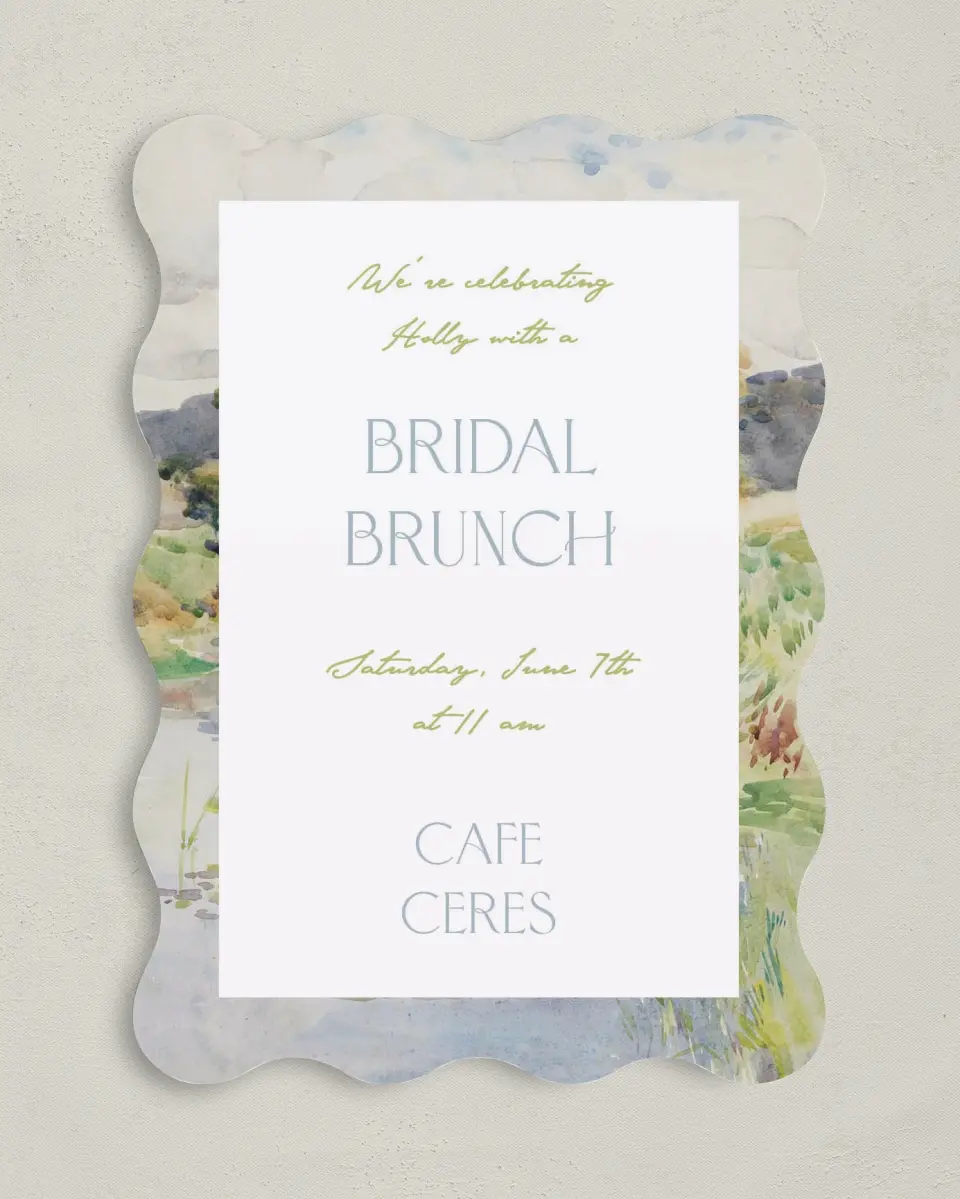 This is a 5" x 7" Bridal Shower Invitation called Wedded Bliss printed in full color with Gold foil on Luxe Satin (coated) paper