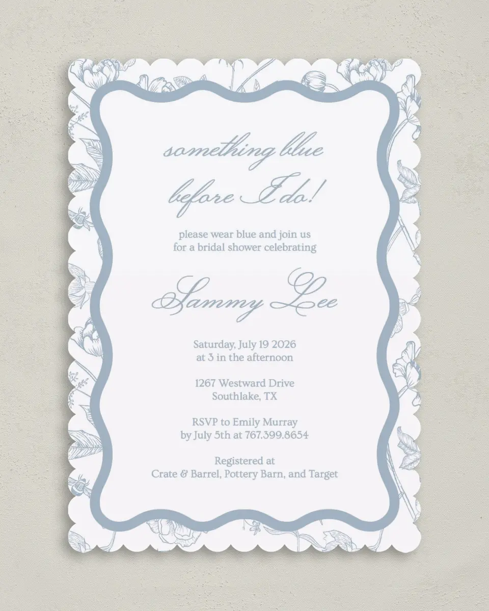 This is a 5" x 7" Bridal Shower Invitation called Something Blue printed in full color with Rose Gold foil on Luxe Satin (coated) paper