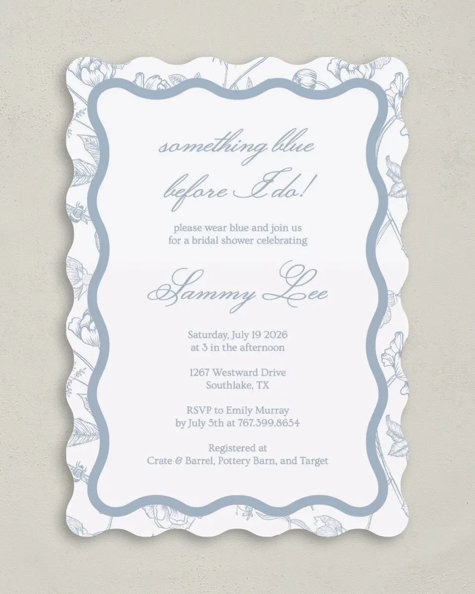 This is a 5" x 7" Bridal Shower Invitation called Something Blue printed in full color with Rose Gold foil on Luxe Satin (coated) paper