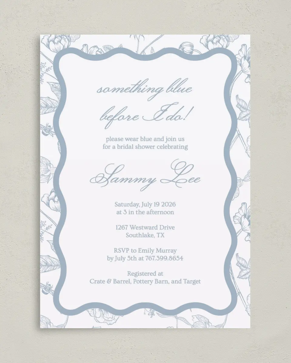 This is a 5" x 7" Bridal Shower Invitation called Something Blue printed in full color with Gold foil on Luxe Satin (coated) paper