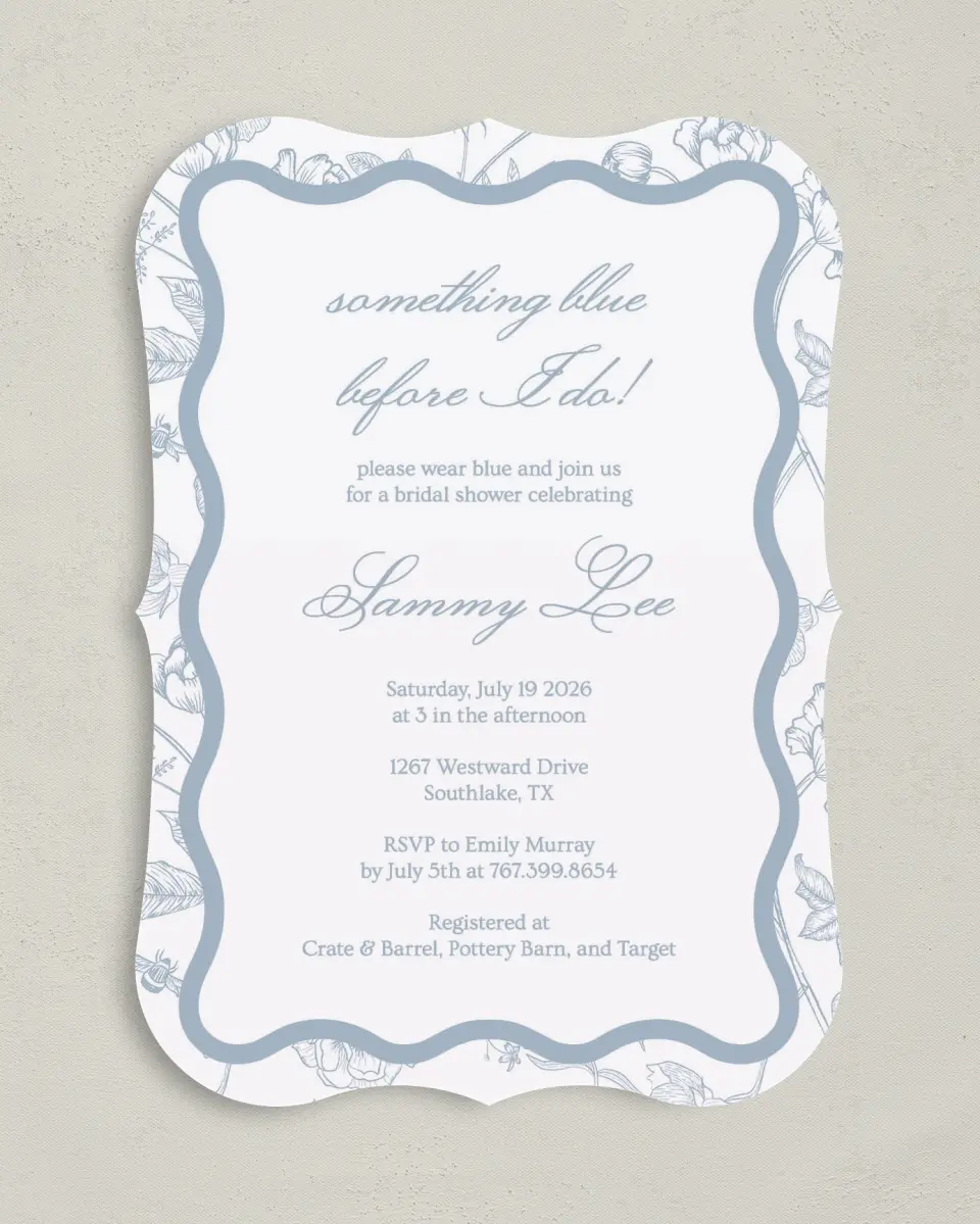 This is a 5" x 7" Bridal Shower Invitation called Something Blue printed in full color with Rose Gold foil on Luxe Satin (coated) paper