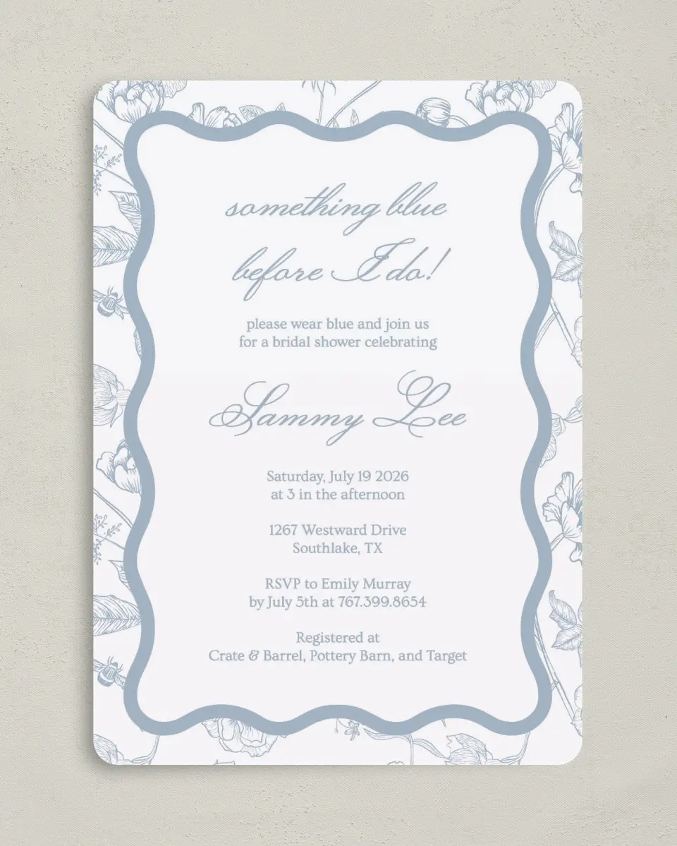 This is a 5" x 7" Bridal Shower Invitation called Something Blue printed in full color on Premium Smooth paper