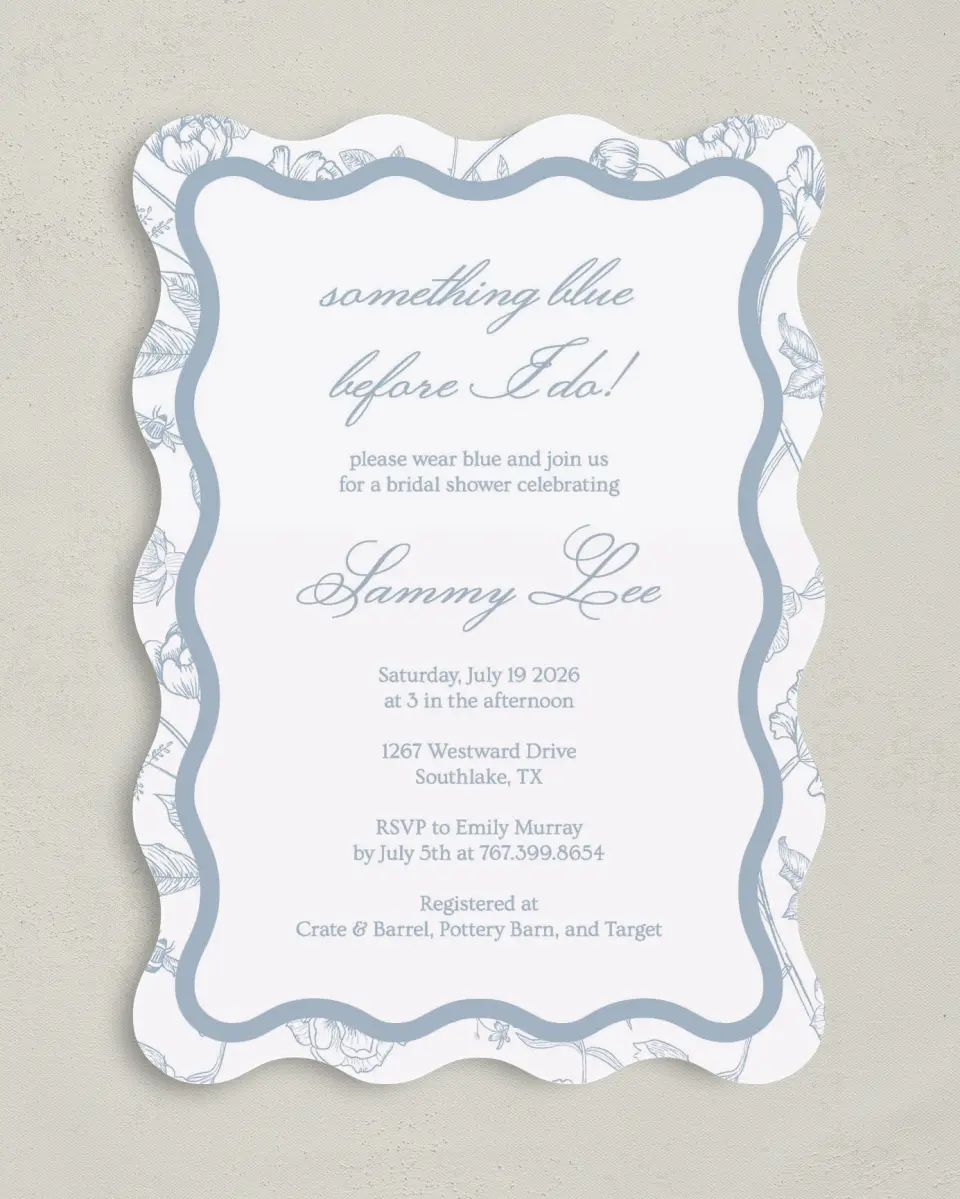 This is a 5" x 7" Bridal Shower Invitation called Something Blue printed in full color with Gold foil on Luxe Satin (coated) paper