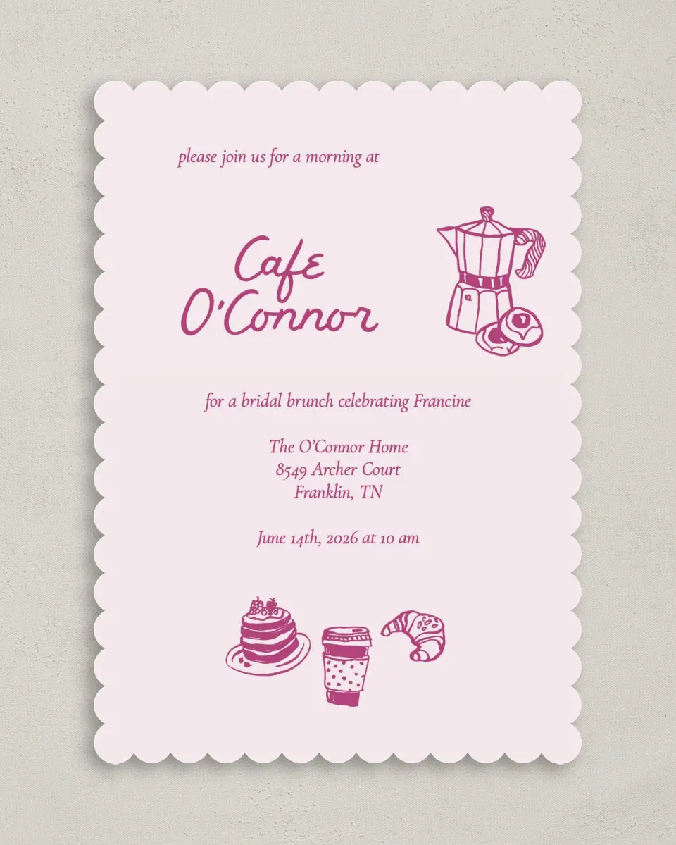 This is a 5" x 7" Bridal Shower Invitation called A Latte Love printed in full color with Rose Gold foil on Luxe Satin (coated) paper