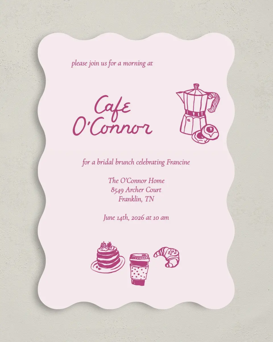 This is a 5" x 7" Bridal Shower Invitation called A Latte Love printed in full color with Rose Gold foil on Luxe Satin (coated) paper