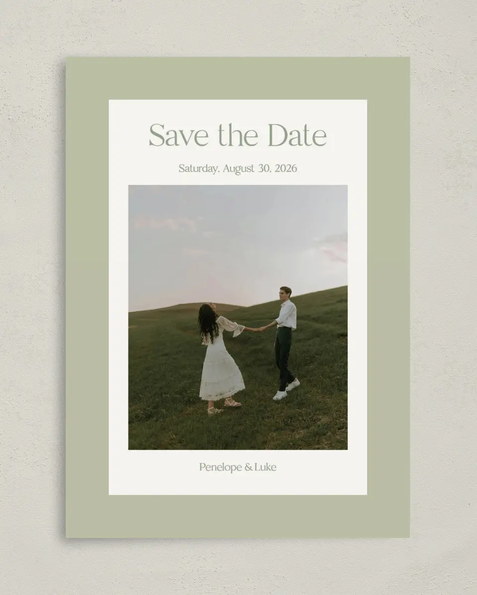This is a 5" x 7" Save the Date Card called The Penelope printed in full color on Premium Smooth paper