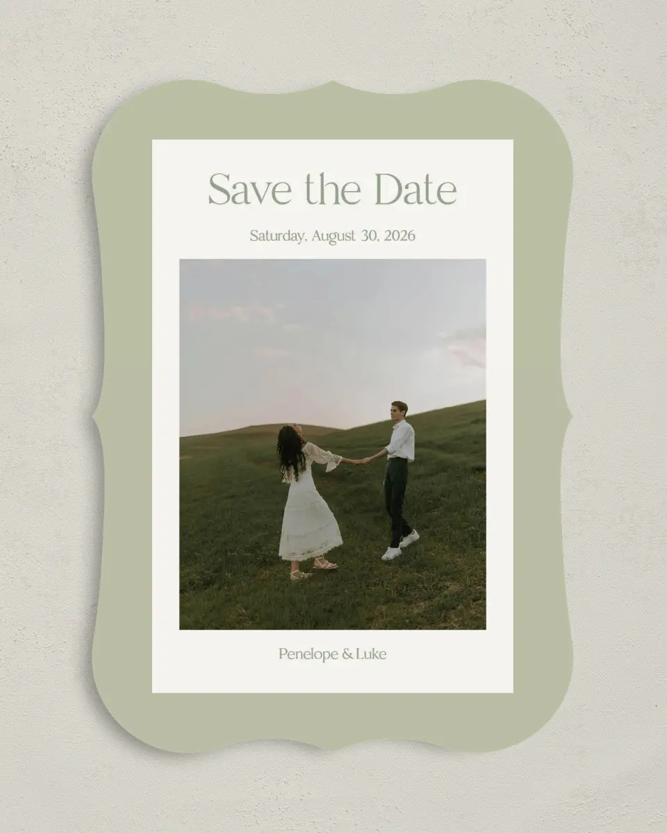 This is a 5" x 7" Save the Date Card called The Penelope printed in full color on Premium Smooth paper