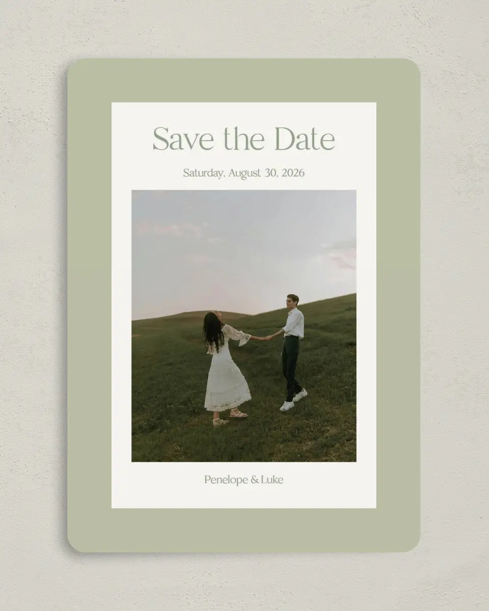 This is a 5" x 7" Save the Date Card called The Penelope printed in full color on Premium Smooth paper