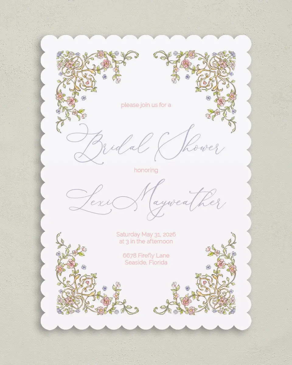 This is a 5" x 7" Bridal Shower Invitation called Regal Celebration printed in full color with Rose Gold foil on Luxe Satin (coated) paper