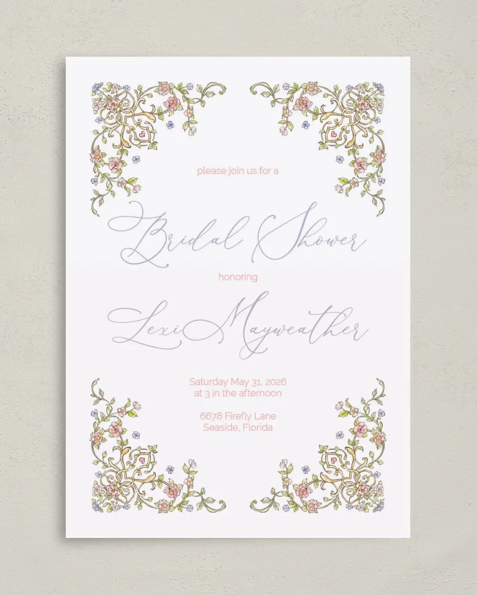 This is a 5" x 7" Bridal Shower Invitation called Regal Celebration printed in full color with Silver foil on Luxe Satin (coated) paper
