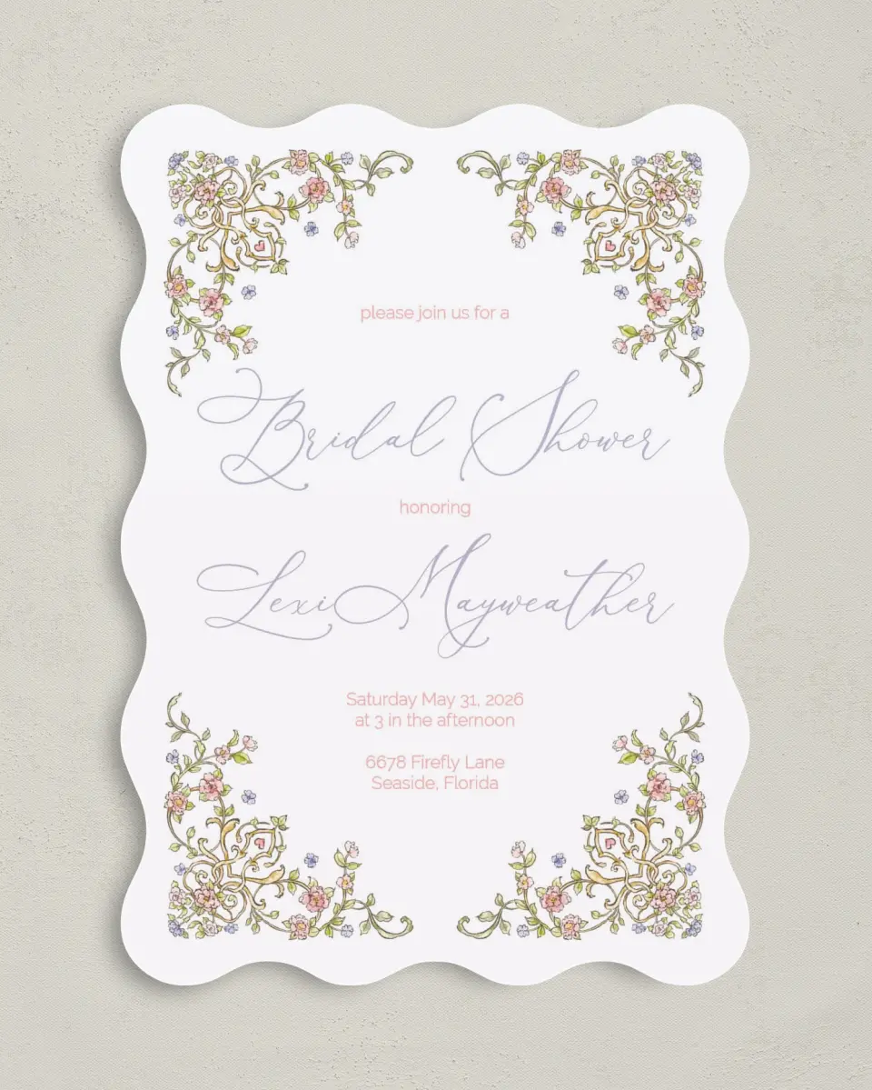 This is a 5" x 7" Bridal Shower Invitation called Regal Celebration printed in full color with Gold foil on Luxe Satin (coated) paper