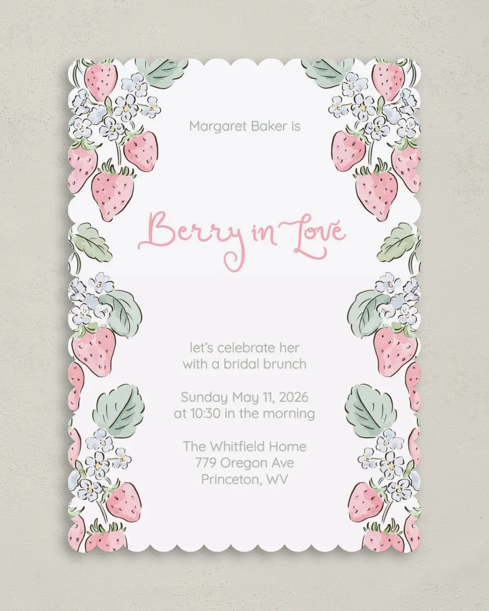 This is a 5" x 7" Bridal Shower Invitation called Berry in Love printed in full color with Rose Gold foil on Luxe Satin (coated) paper