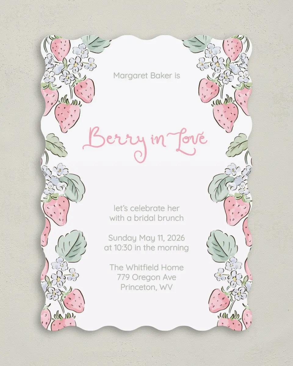 This is a 5" x 7" Bridal Shower Invitation called Berry in Love printed in full color with Rose Gold foil on Luxe Satin (coated) paper