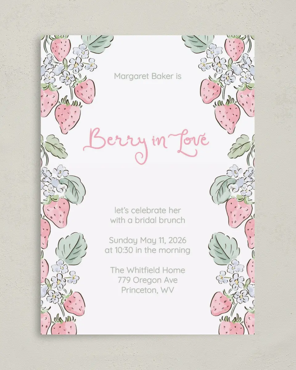This is a 5" x 7" Bridal Shower Invitation called Berry in Love printed in full color on Premium Smooth paper