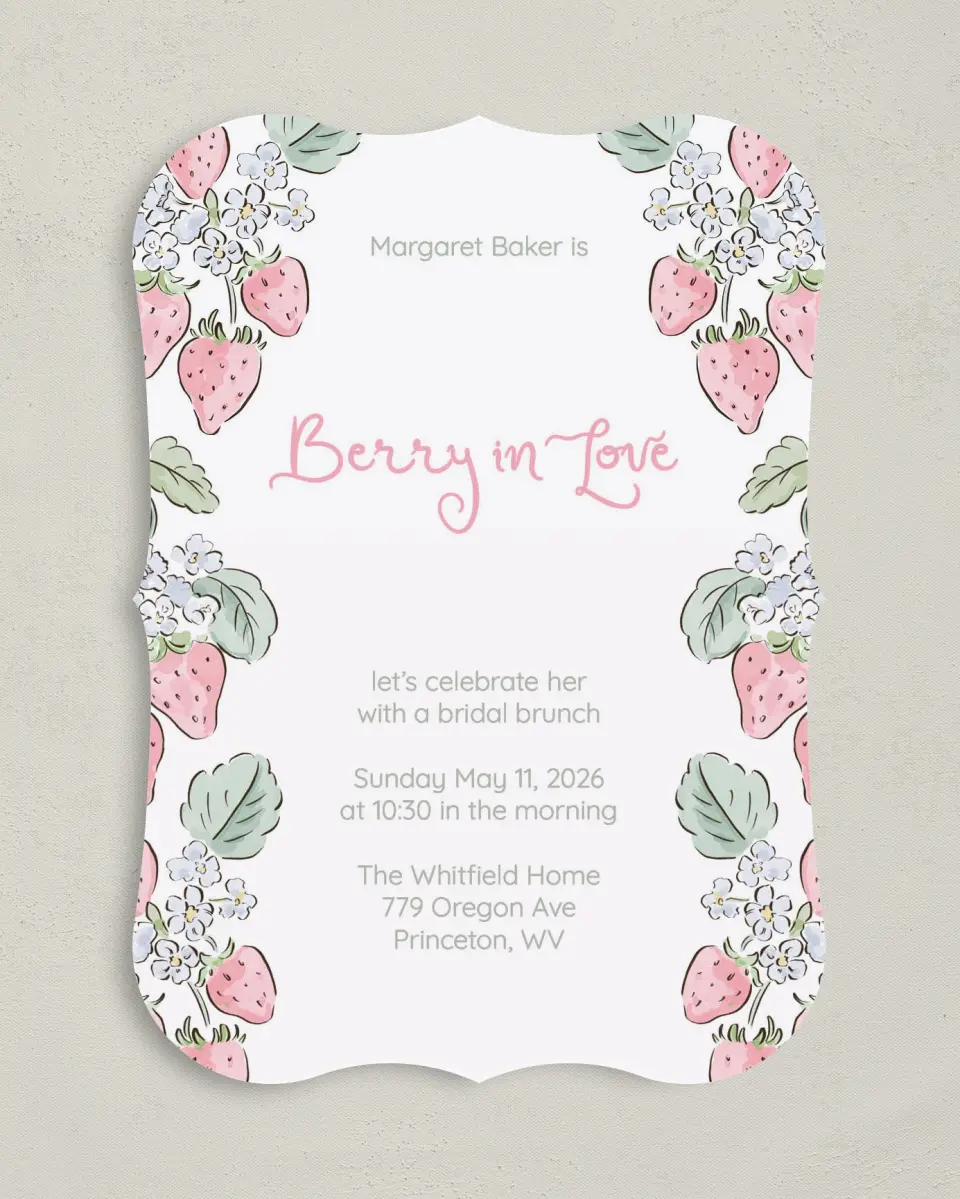 This is a 5" x 7" Bridal Shower Invitation called Berry in Love printed in full color with Rose Gold foil on Luxe Satin (coated) paper