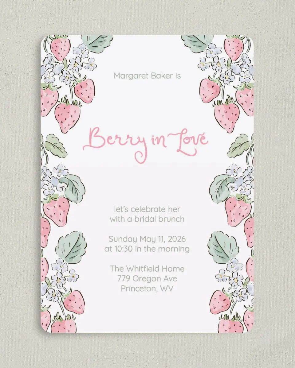 This is a 5" x 7" Bridal Shower Invitation called Berry in Love printed in full color with Rose Gold foil on Luxe Satin (coated) paper