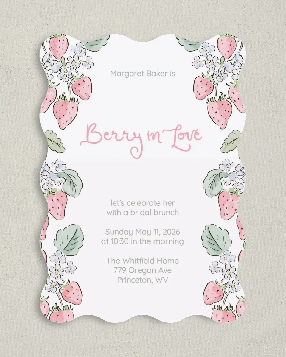 This is a 5" x 7" Bridal Shower Invitation called Berry in Love printed in full color with Gold foil on Luxe Satin (coated) paper