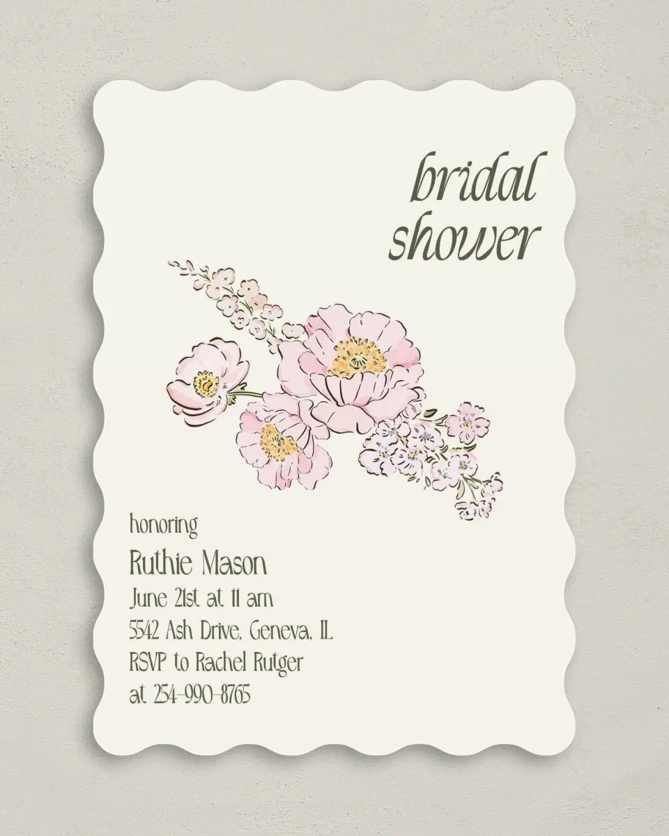 This is a 5" x 7" Bridal Shower Invitation called Floral Shower printed in full color on Premium Smooth paper
