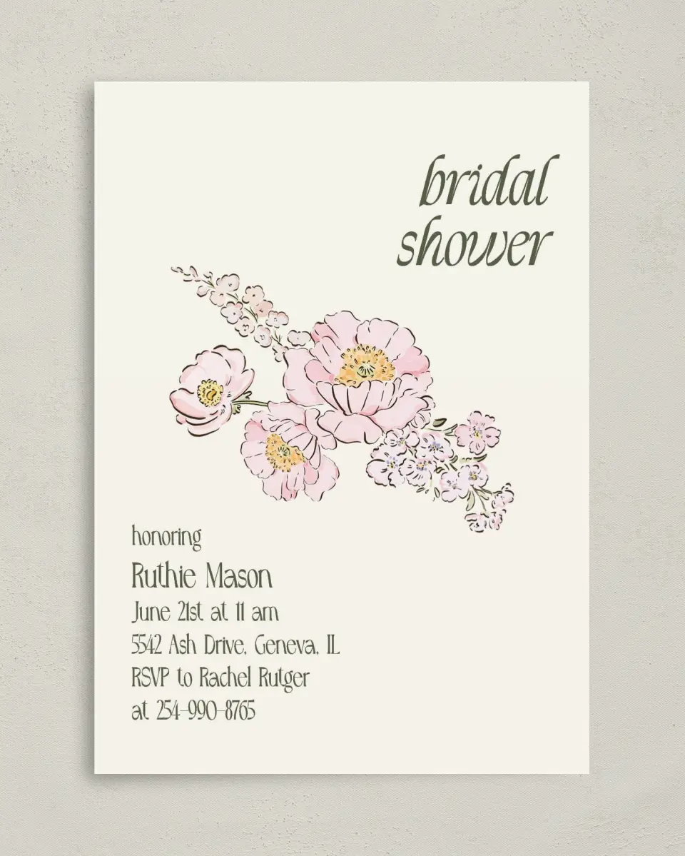 This is a 5" x 7" Bridal Shower Invitation called Floral Shower printed in full color on Premium Smooth paper