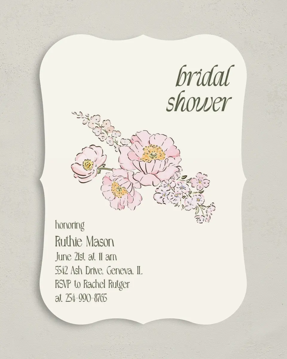 This is a 5" x 7" Bridal Shower Invitation called Floral Shower printed in full color with Rose Gold foil on Luxe Satin (coated) paper