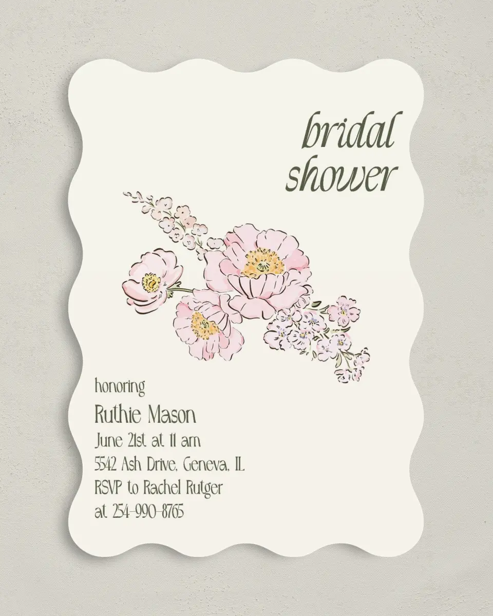 This is a 5" x 7" Bridal Shower Invitation called Floral Shower printed in full color with Rose Gold foil on Luxe Satin (coated) paper