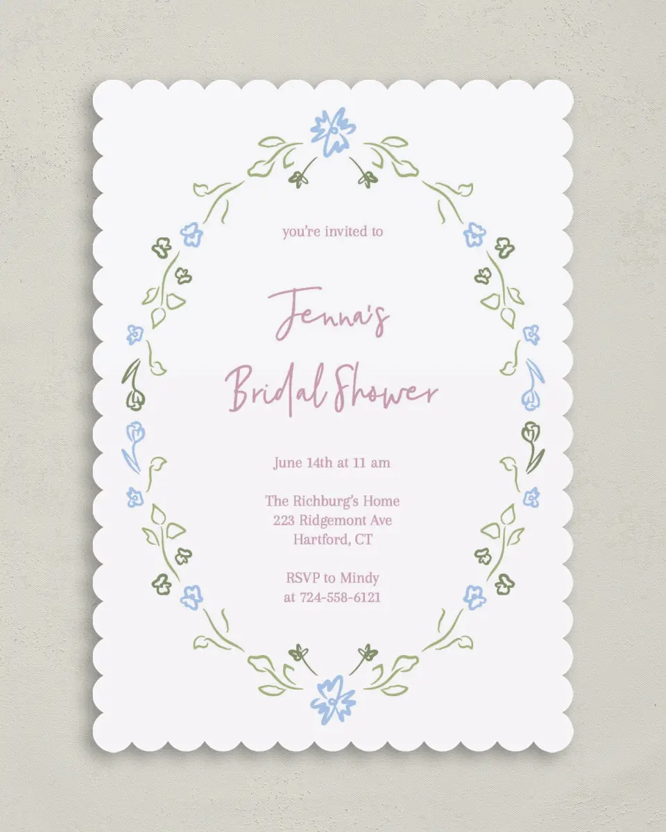 This is a 5" x 7" Bridal Shower Invitation called Petals of Love printed in full color on Premium Smooth paper