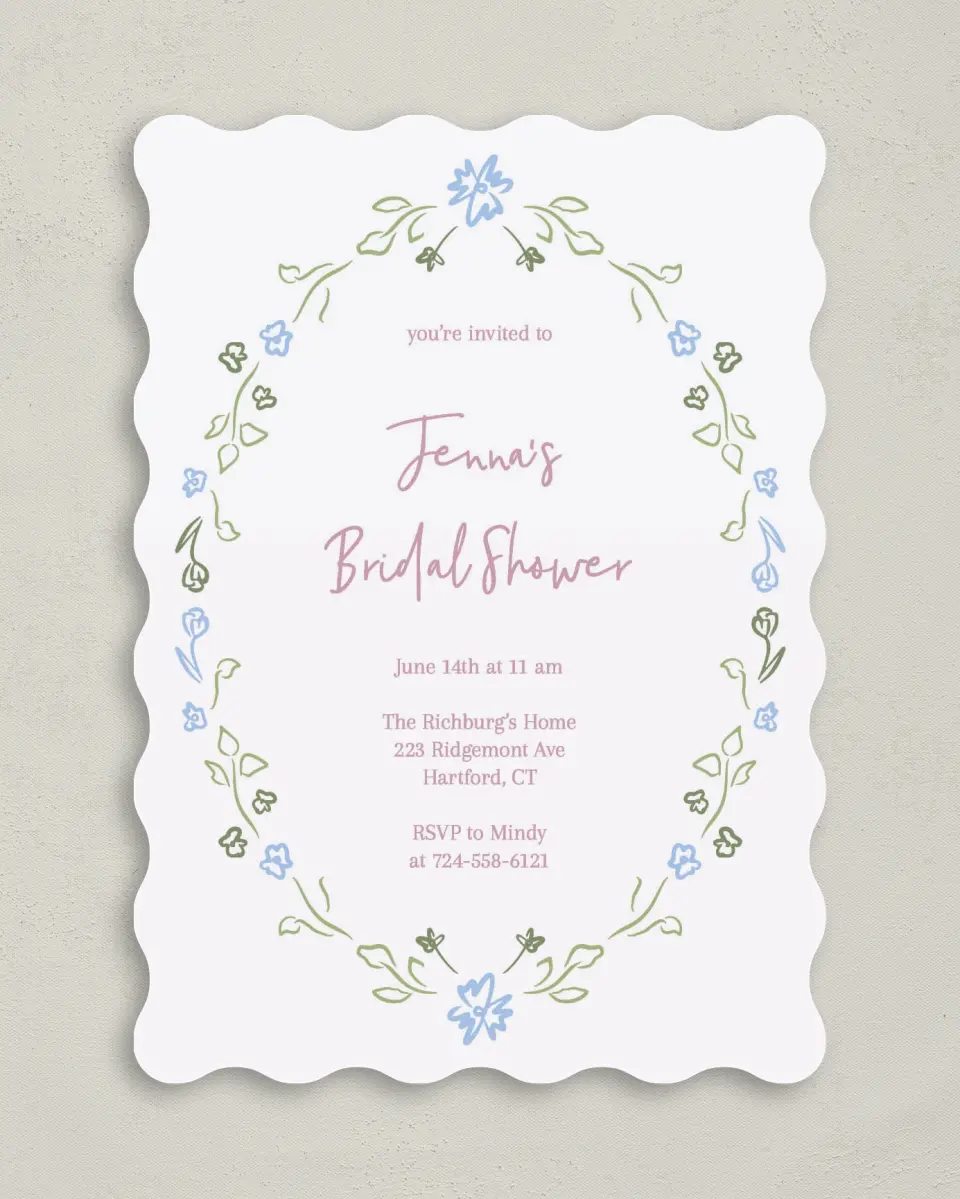 This is a 5" x 7" Bridal Shower Invitation called Petals of Love printed in full color on Premium Smooth paper