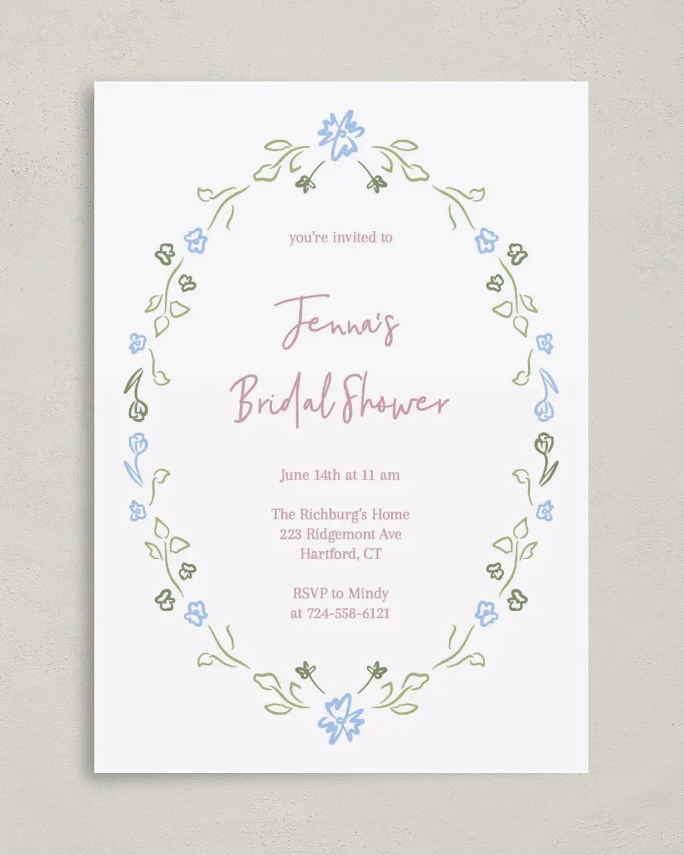 This is a 5" x 7" Bridal Shower Invitation called Petals of Love printed in full color with Gold foil on Luxe Satin (coated) paper