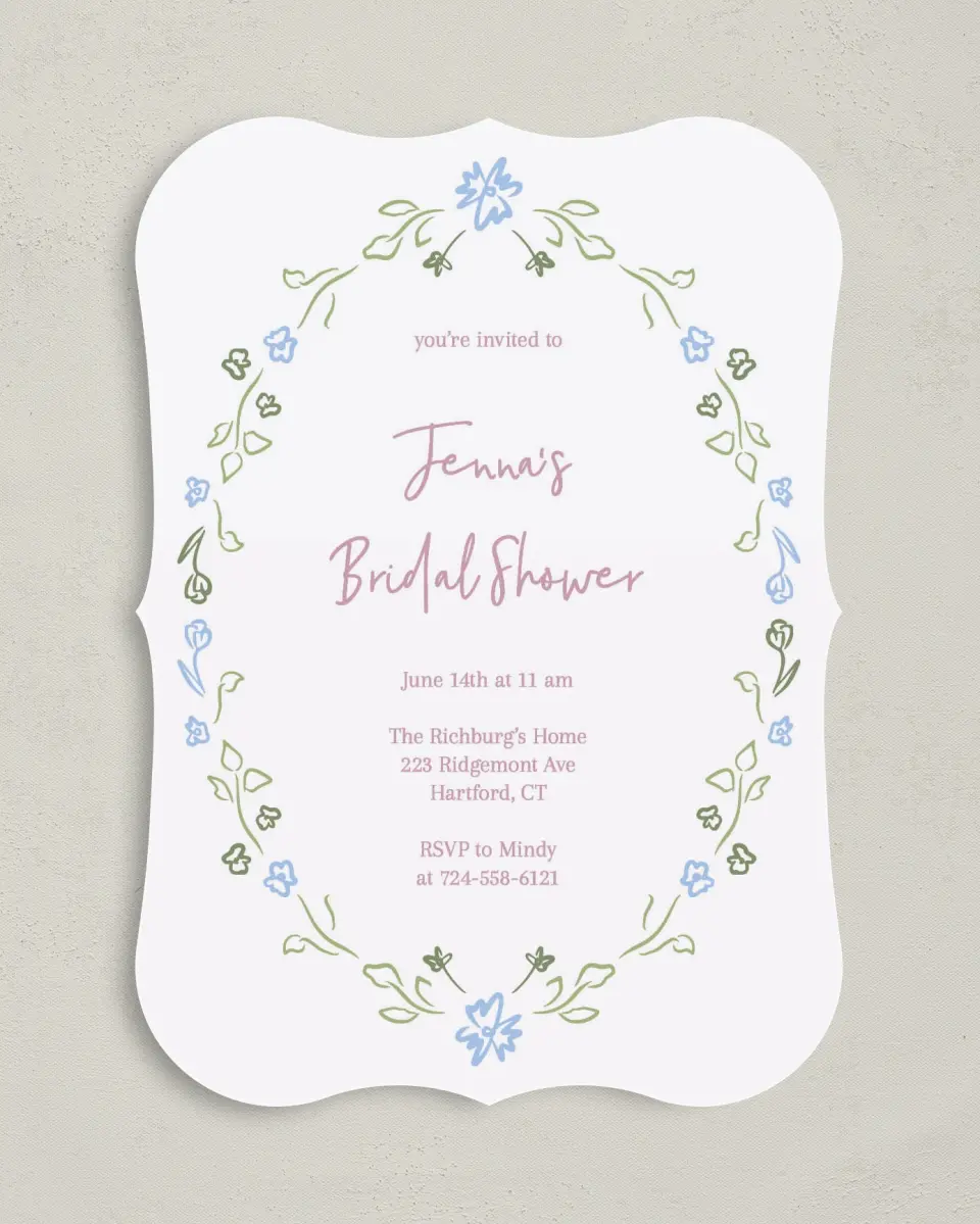 This is a 5" x 7" Bridal Shower Invitation called Petals of Love printed in full color with Rose Gold foil on Luxe Satin (coated) paper