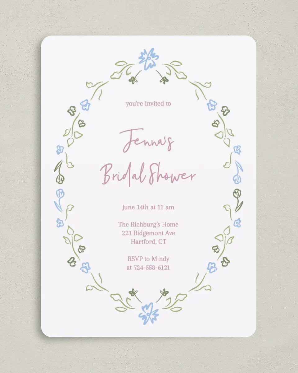 This is a 5" x 7" Bridal Shower Invitation called Petals of Love printed in full color on Premium Smooth paper
