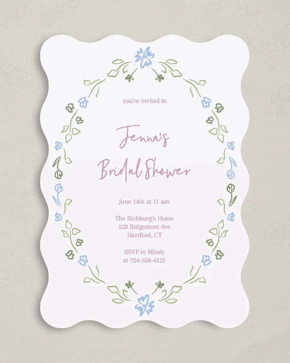 This is a 5" x 7" Bridal Shower Invitation called Petals of Love printed in full color with Gold foil on Luxe Satin (coated) paper