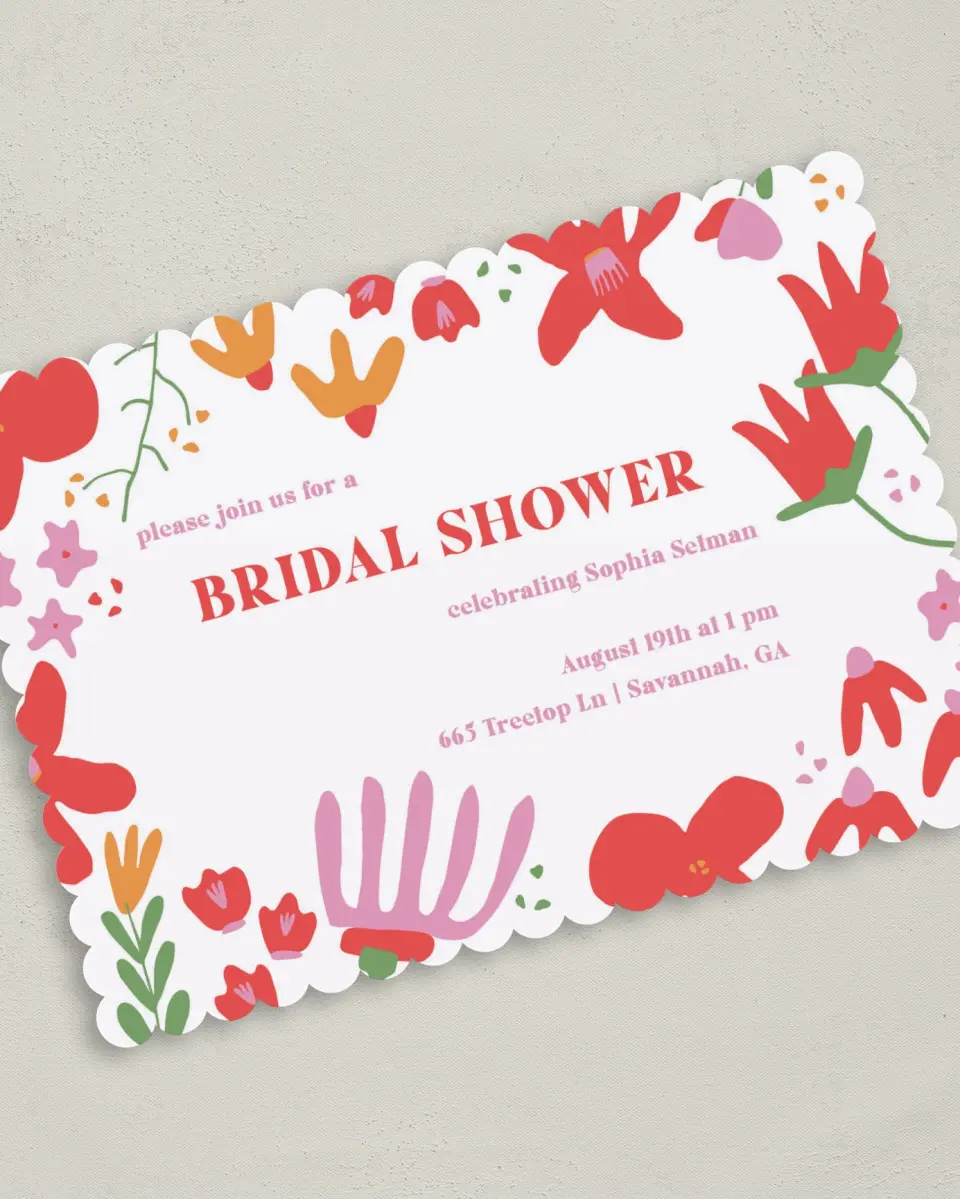 This is a 5" x 7" Bridal Shower Invitation called Spring Into Love printed in full color with Rose Gold foil on Luxe Satin (coated) paper