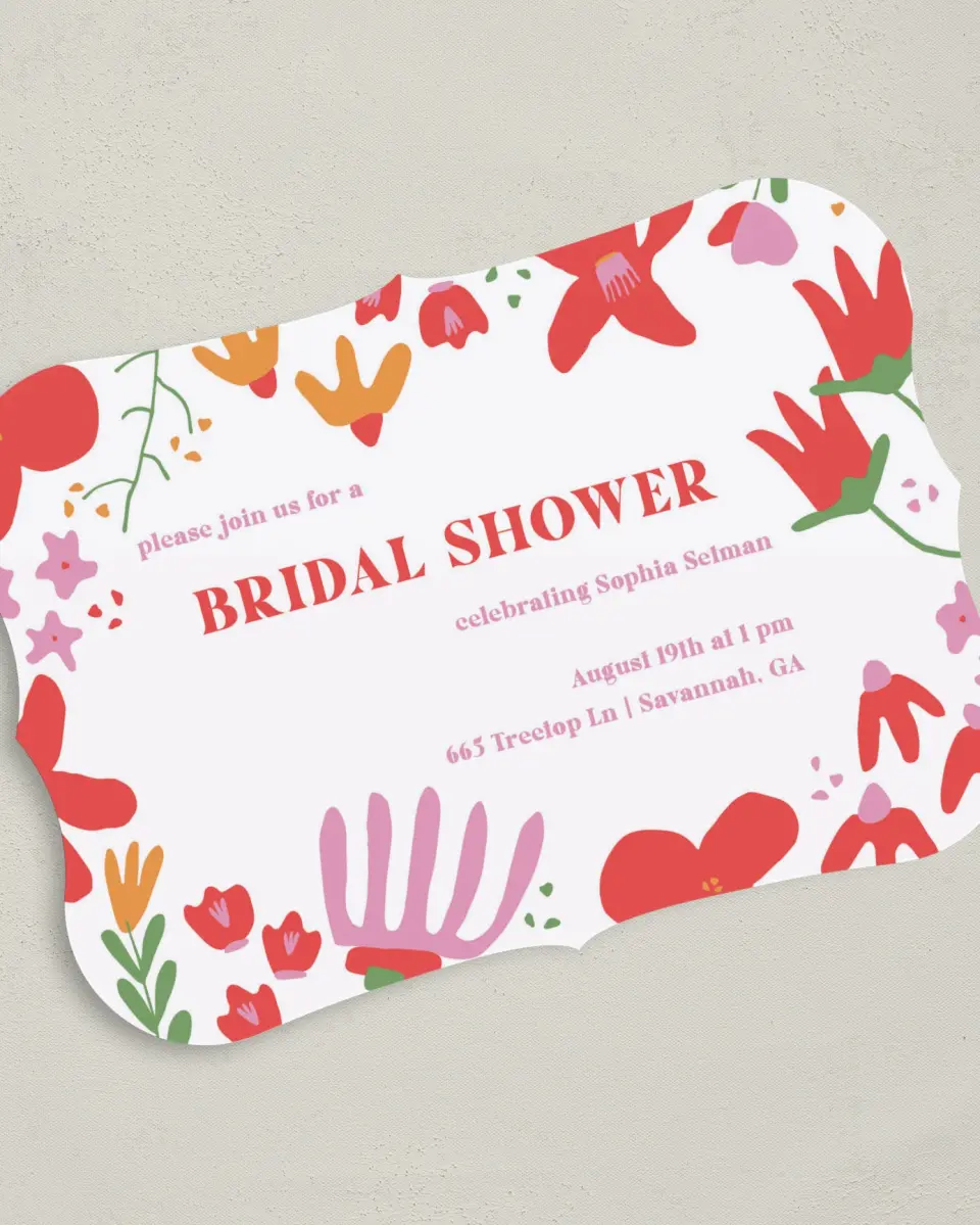This is a 5" x 7" Bridal Shower Invitation called Spring Into Love printed in full color with Rose Gold foil on Luxe Satin (coated) paper
