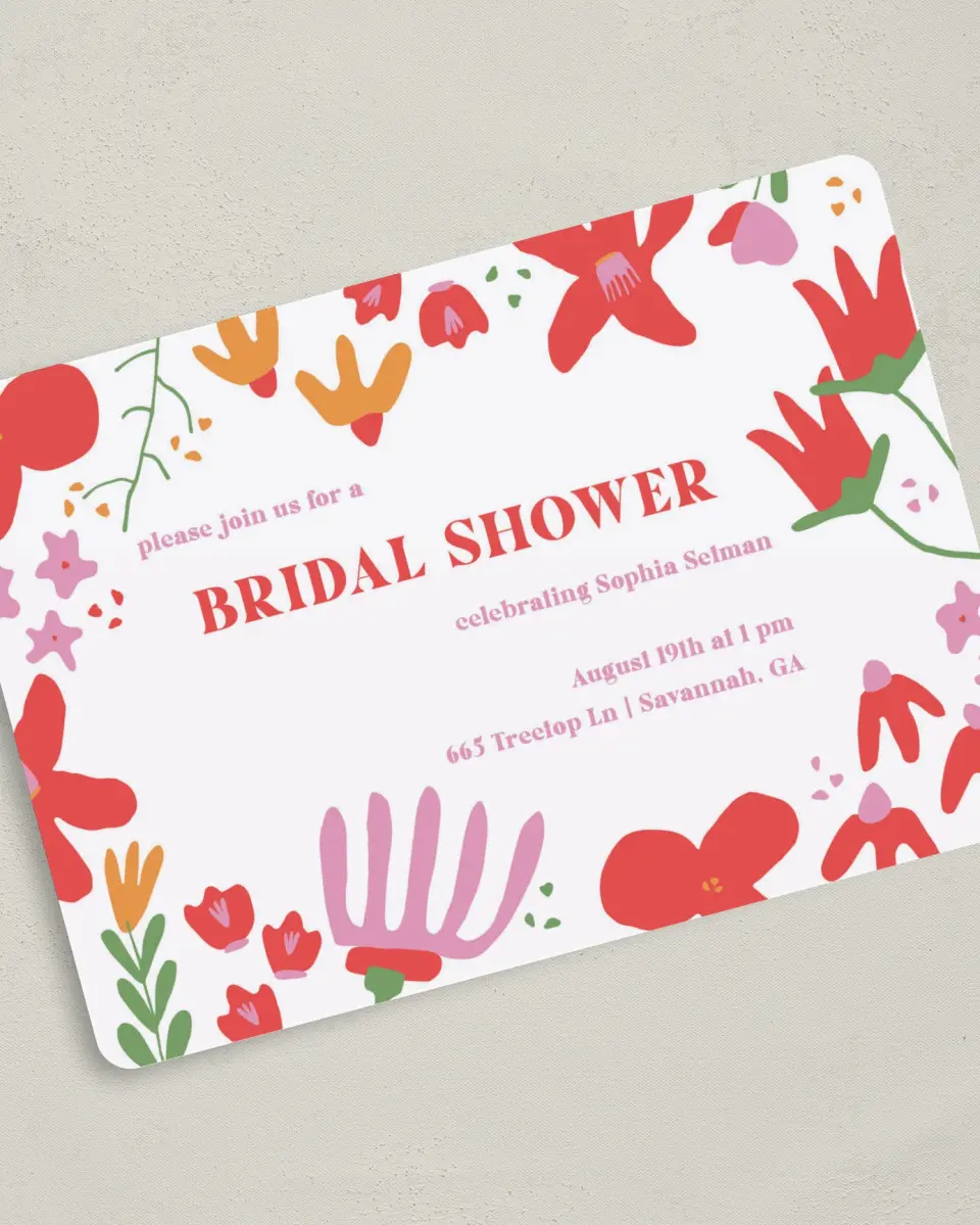 This is a 5" x 7" Bridal Shower Invitation called Spring Into Love printed in full color on Premium Smooth paper