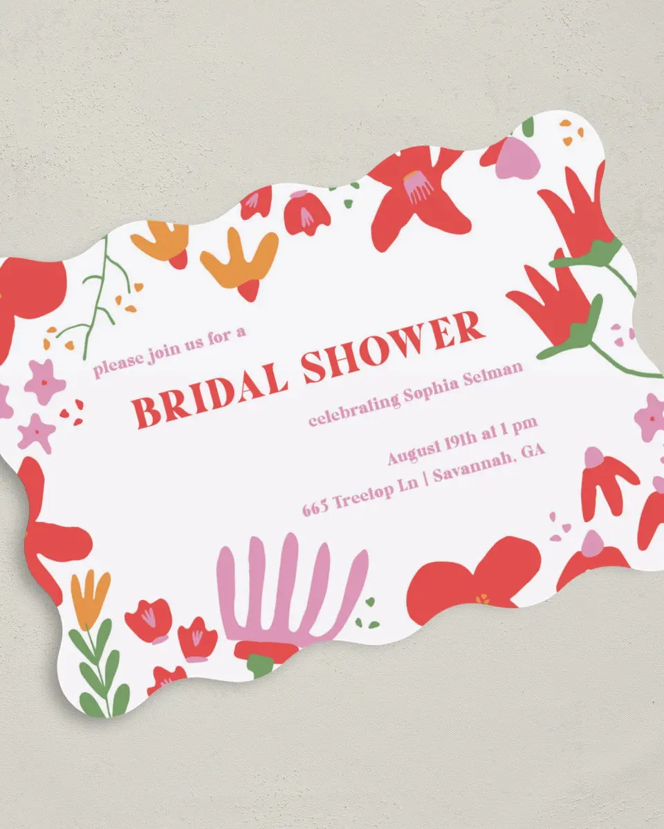 This is a 5" x 7" Bridal Shower Invitation called Spring Into Love printed in full color with Gold foil on Luxe Satin (coated) paper