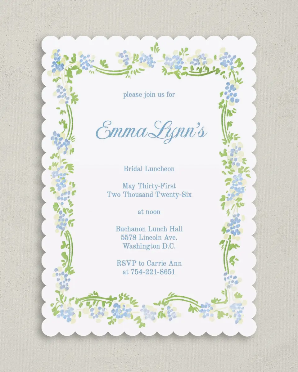 This is a 5" x 7" Bridal Shower Invitation called Bright Bride printed in full color with Rose Gold foil on Luxe Satin (coated) paper